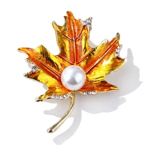 Golden Enamel & Cubic Zirconia Pearl 18K Gold-Plated Maple Leaf Brooch