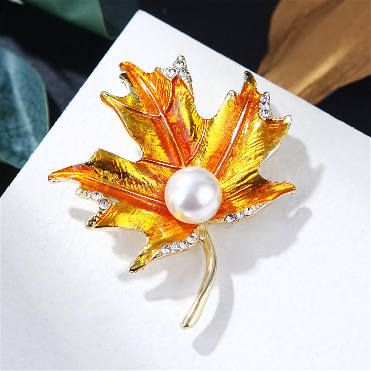 Golden Enamel & Cubic Zirconia Pearl 18K Gold-Plated Maple Leaf Brooch