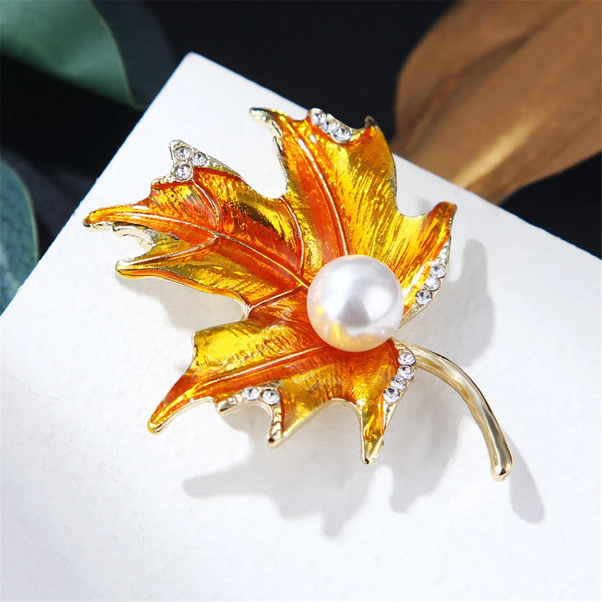 Golden Enamel & Cubic Zirconia Pearl 18K Gold-Plated Maple Leaf Brooch