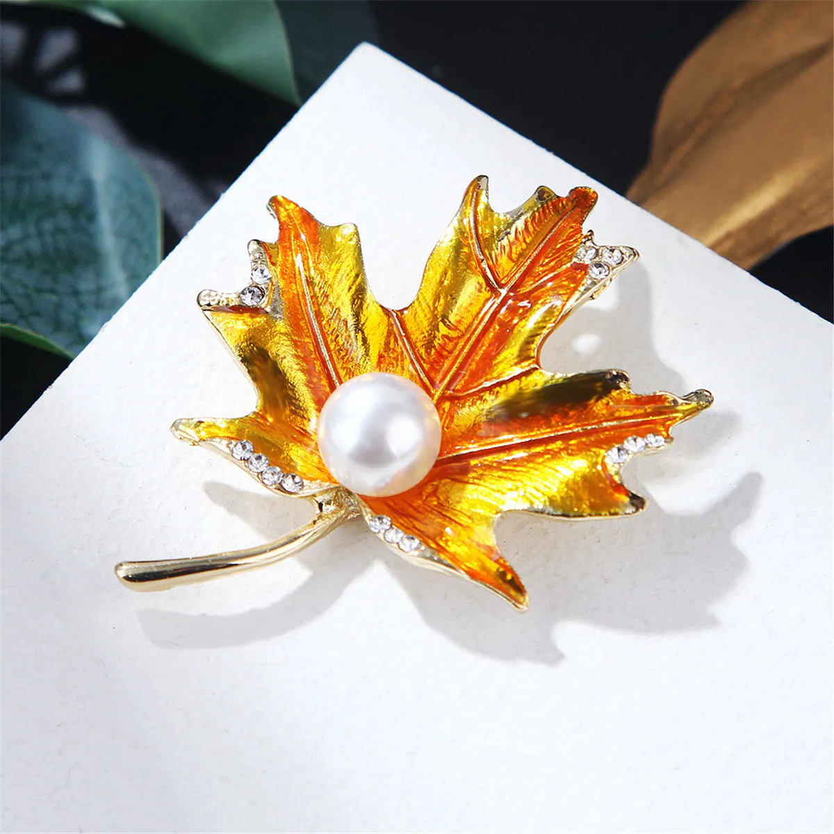 Golden Enamel & Cubic Zirconia Pearl 18K Gold-Plated Maple Leaf Brooch