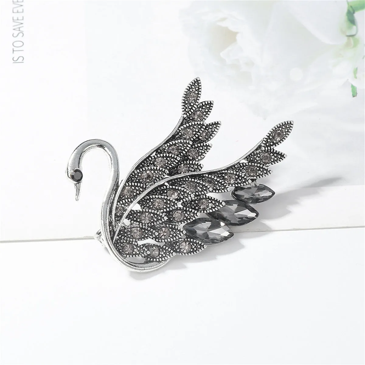 Gray Crystal & Cubic Zirconia Silver-Plated Swan Brooch