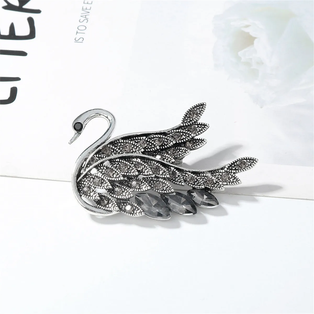 Gray Crystal & Cubic Zirconia Silver-Plated Swan Brooch