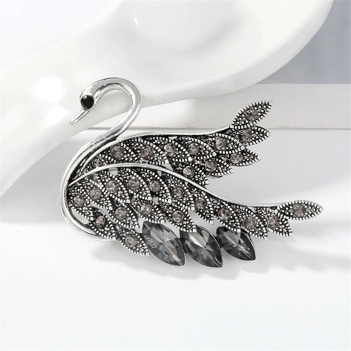 Gray Crystal & Cubic Zirconia Silver-Plated Swan Brooch