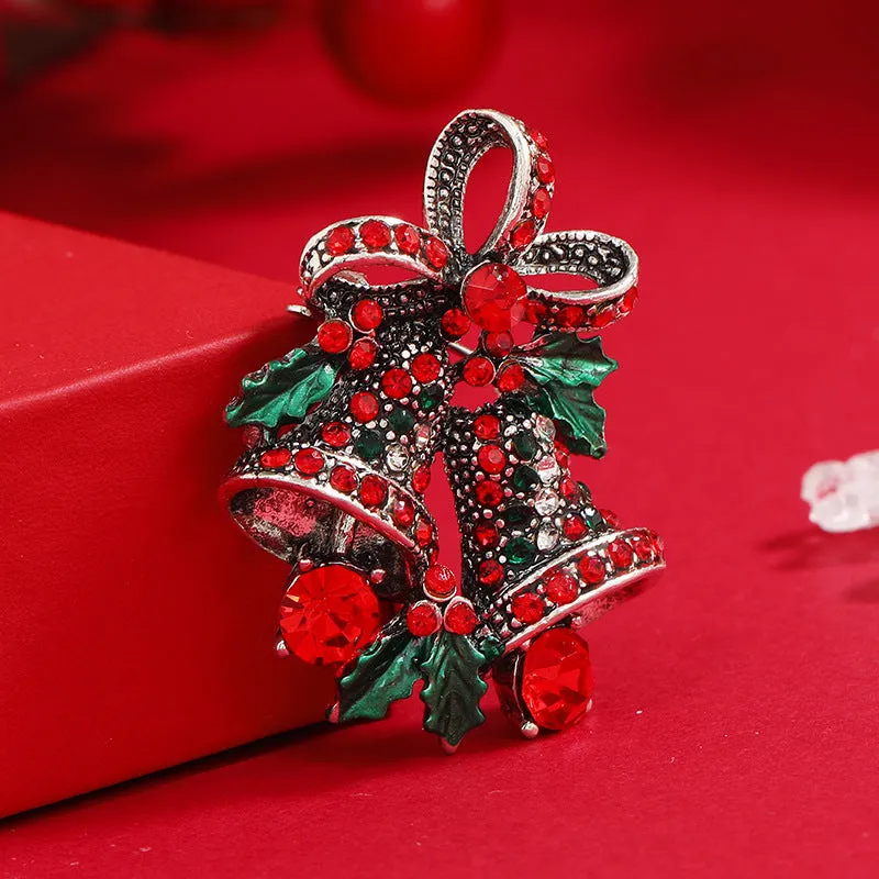 Green & Red Cubic Zirconia Christmas Bell Brooch