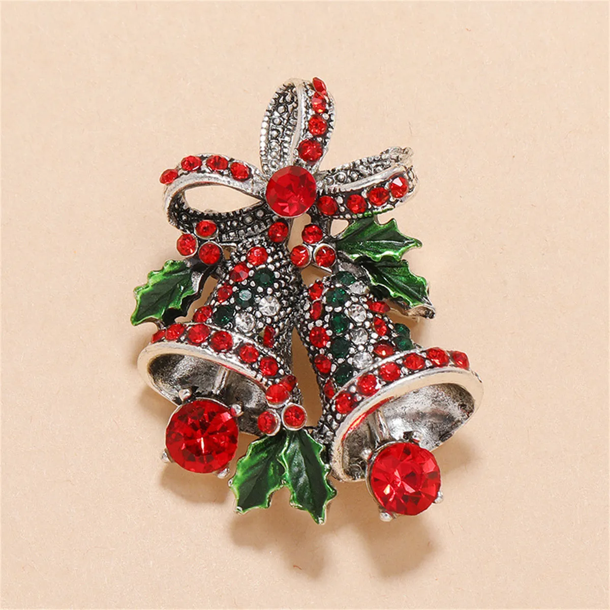 Green & Red Cubic Zirconia Christmas Bell Brooch