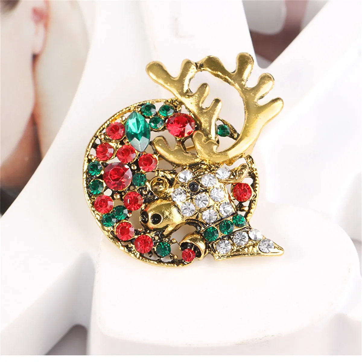Green Crystal & Cubic Zirconia 18K Gold-Plated Reindeer Brooch