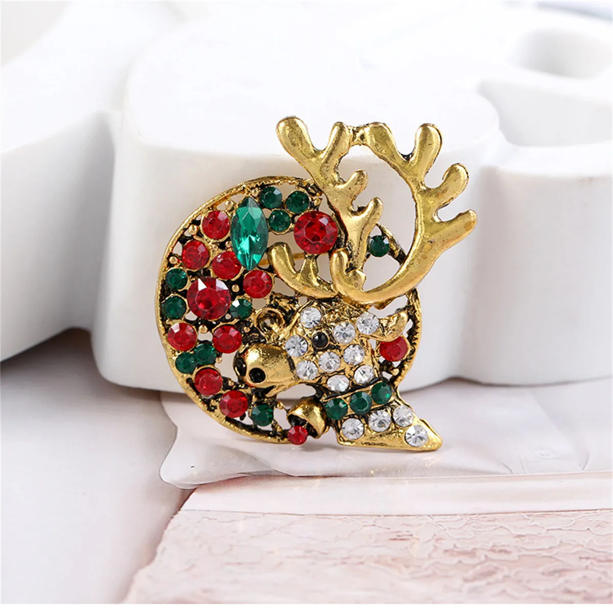 Green Crystal & Cubic Zirconia 18K Gold-Plated Reindeer Brooch
