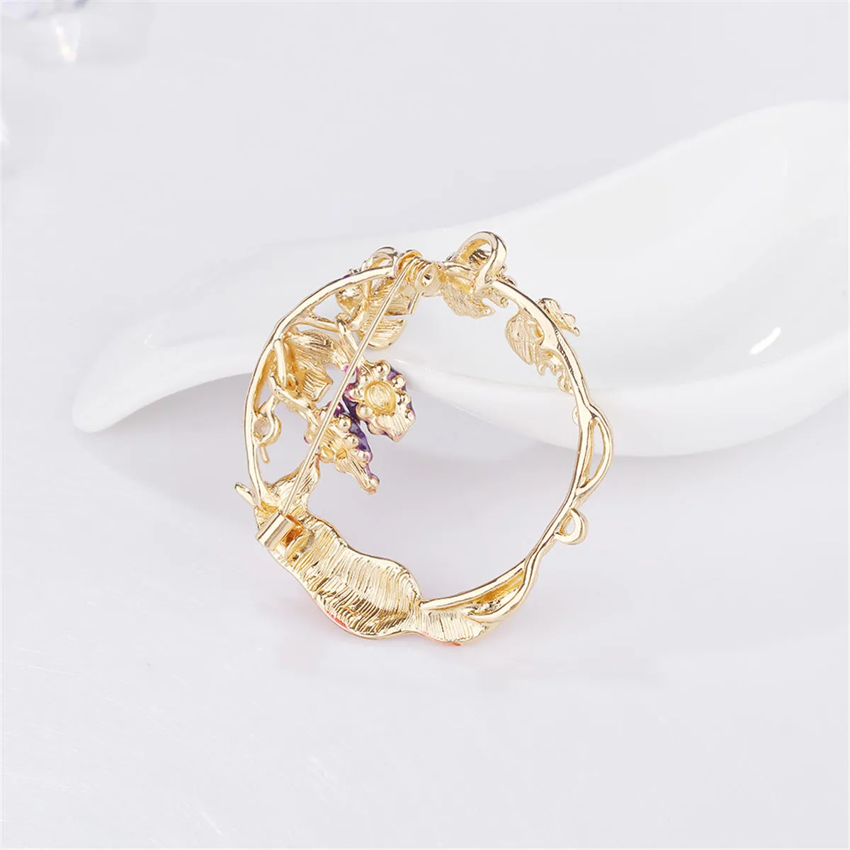 Green Enamel & 18K Gold-Plated Fox Grapevine Brooch