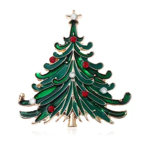 Green Enamel & Cubic Zirconia 18K Gold-Plated Curved Christmas Tree Brooch