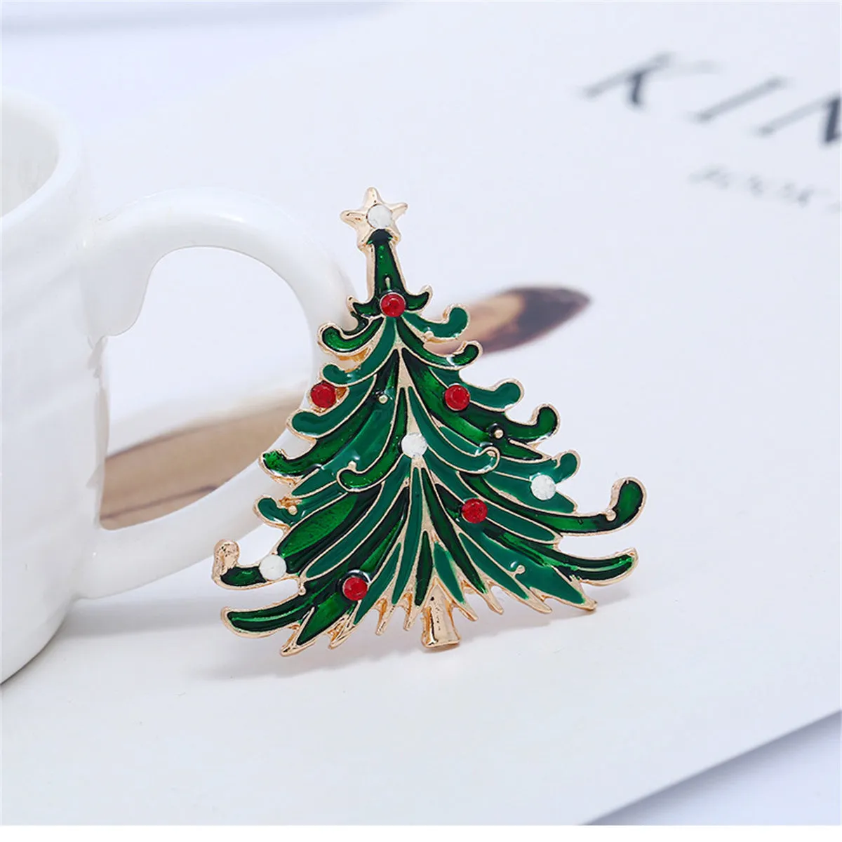Green Enamel & Cubic Zirconia 18K Gold-Plated Curved Christmas Tree Brooch