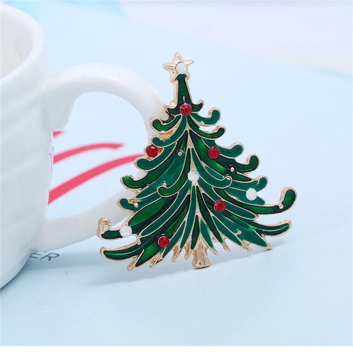 Green Enamel & Cubic Zirconia 18K Gold-Plated Curved Christmas Tree Brooch