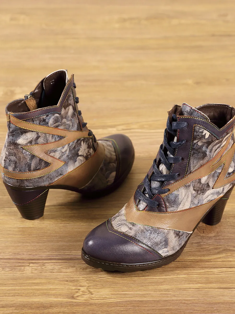 Grey Floral Frosted Contrast Leather Ankle Boots