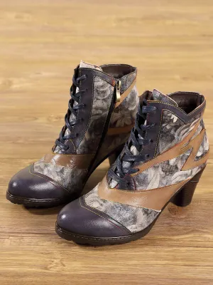 Grey Floral Frosted Contrast Leather Ankle Boots