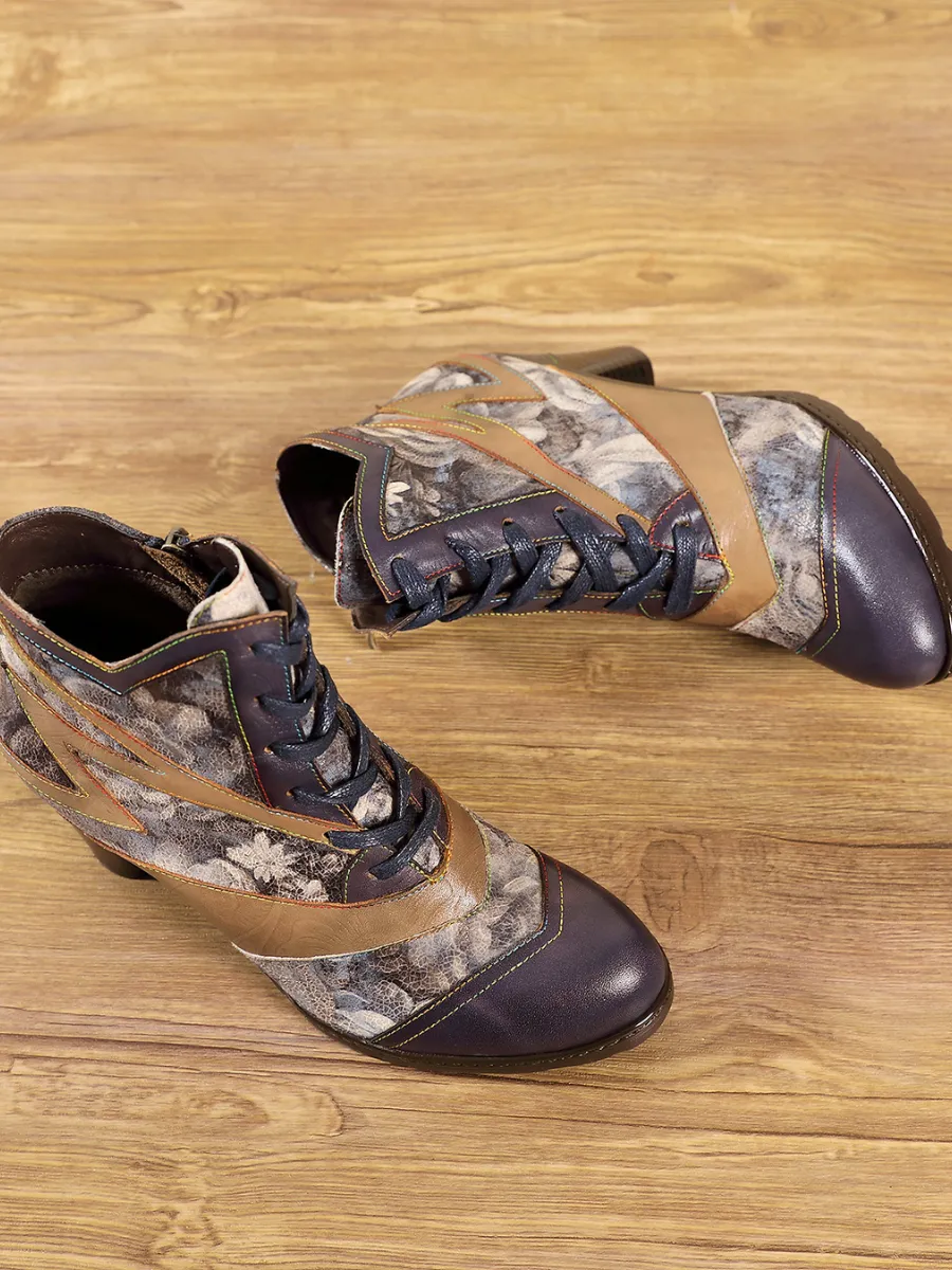 Grey Floral Frosted Contrast Leather Ankle Boots