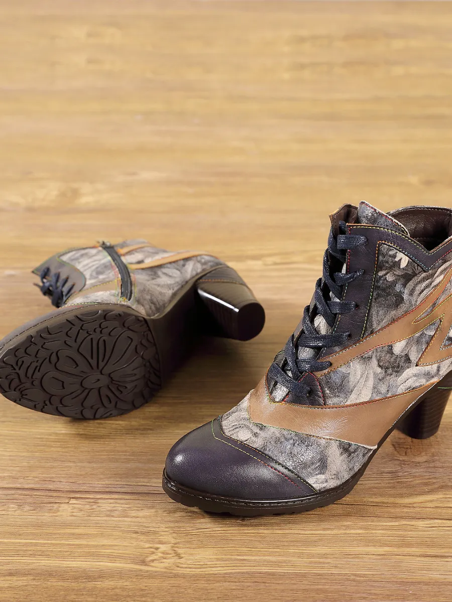 Grey Floral Frosted Contrast Leather Ankle Boots
