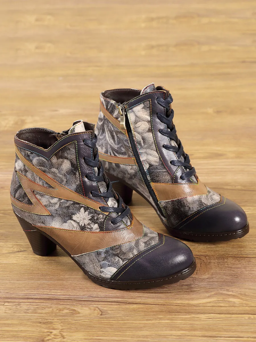 Grey Floral Frosted Contrast Leather Ankle Boots