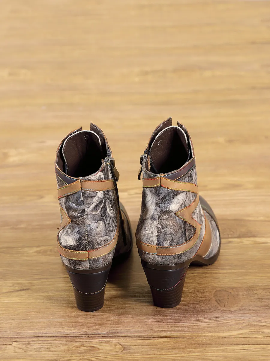 Grey Floral Frosted Contrast Leather Ankle Boots