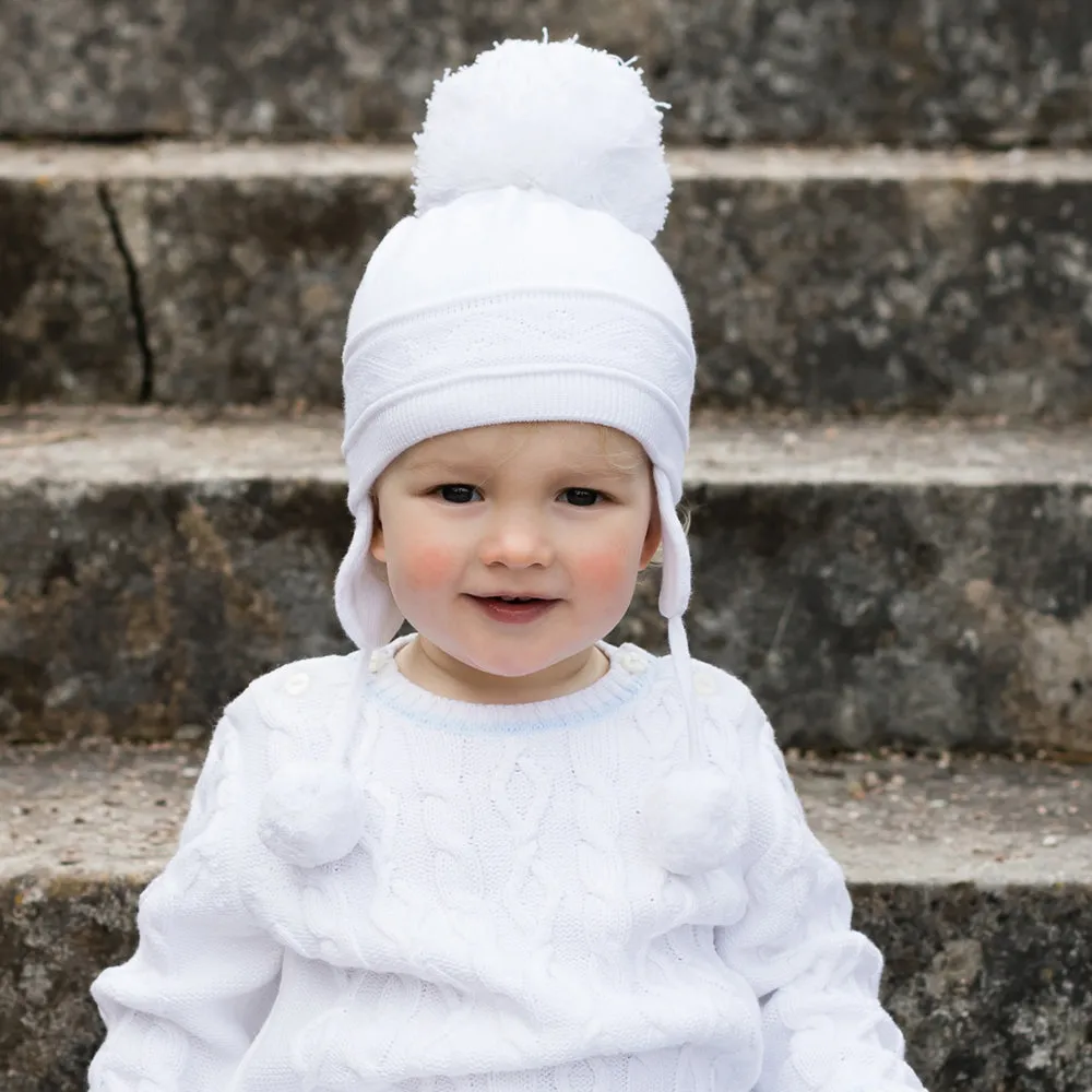 Griffin White Baby Bobble Hat with Ear Flaps