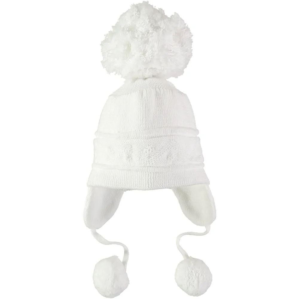 Griffin White Baby Bobble Hat with Ear Flaps