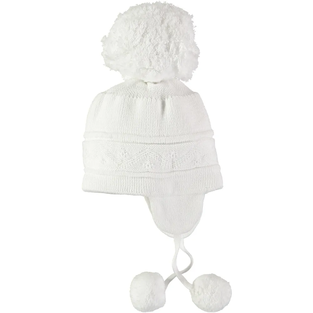 Griffin White Baby Bobble Hat with Ear Flaps
