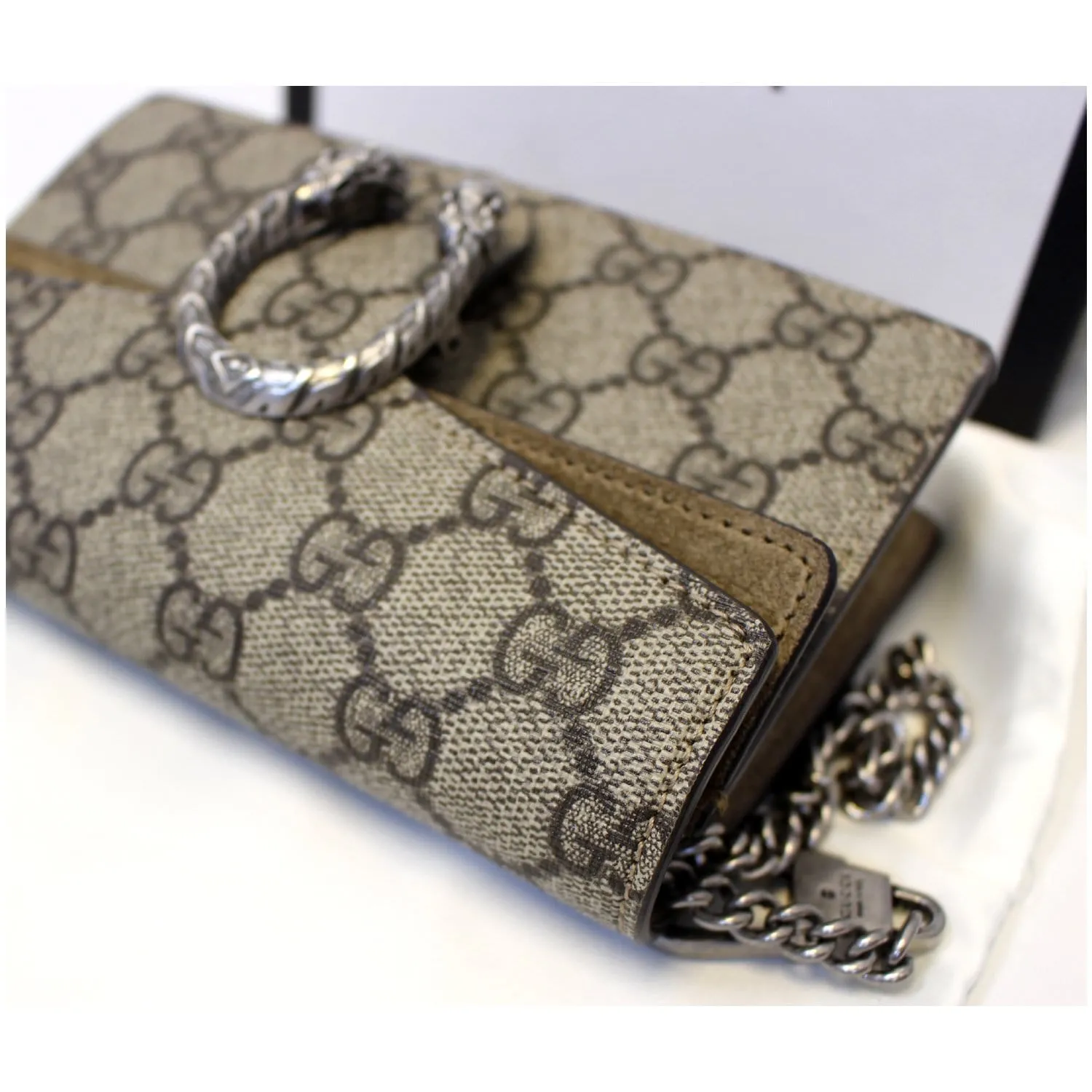GUCCI Dionysus Super Mini GG Supreme Canvas Shoulder Crossbody Bag Taupe