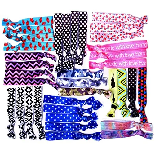 Hair Ties Ponytail Holders -(Dotted and Stripes,Fashion Colors)-5 Pack No Crease Ouchless Stretchy Elastic Styling Accessories Pony Tail Holder Ribbon Bands - By GOLDROSE