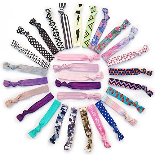 Hair Ties Ponytail Holders -(Dotted and Stripes,Fashion Colors)-5 Pack No Crease Ouchless Stretchy Elastic Styling Accessories Pony Tail Holder Ribbon Bands - By GOLDROSE
