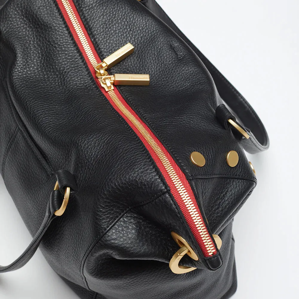 Hammitt Daniel Large Black/Brushed Gold Red Zip Leather Tote Bag