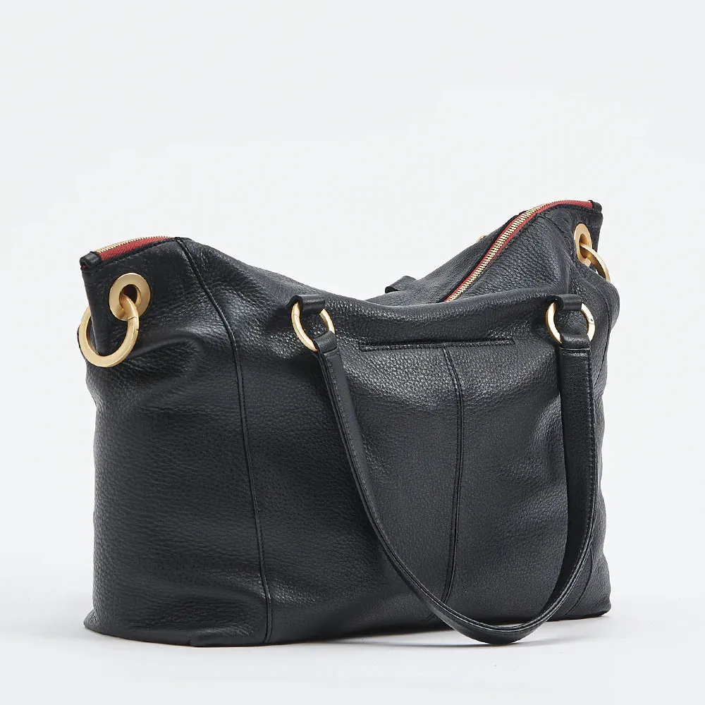 Hammitt Daniel Large Black/Brushed Gold Red Zip Leather Tote Bag