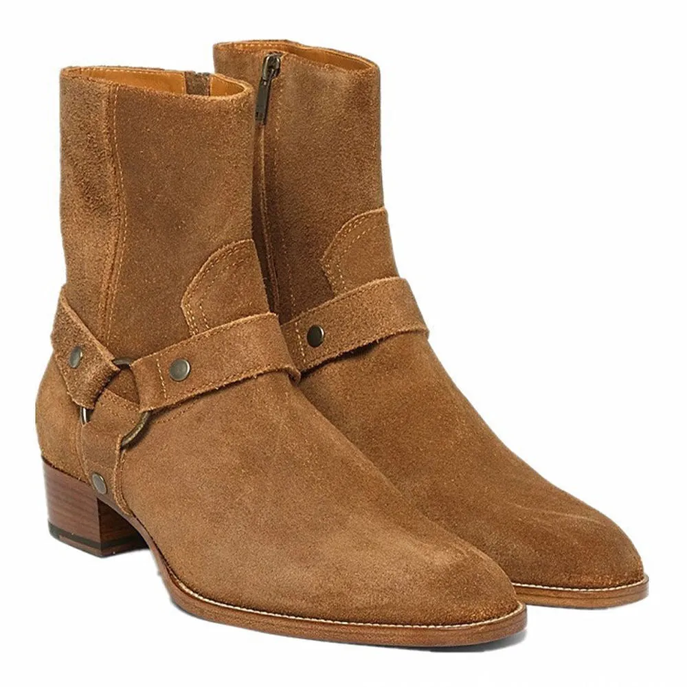 Handmade Cow Leather Suede High Ankle Boots