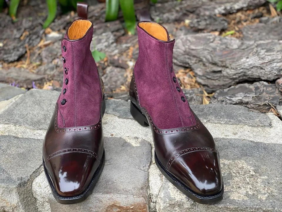 Handmade Purple Leather & Suede Ankle Boots for Men