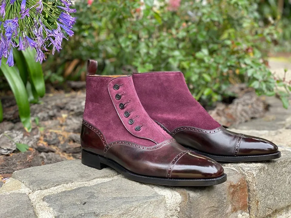 Handmade Purple Leather & Suede Ankle Boots for Men