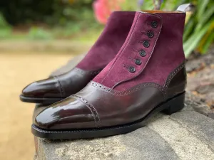 Handmade Purple Leather & Suede Ankle Boots for Men