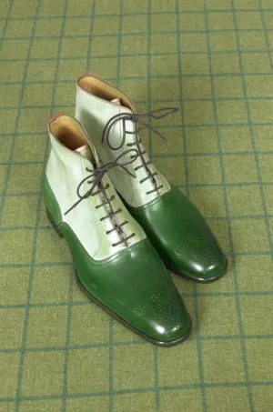 Handmade Two Tone Brogue Ankle Boots, Green and White
