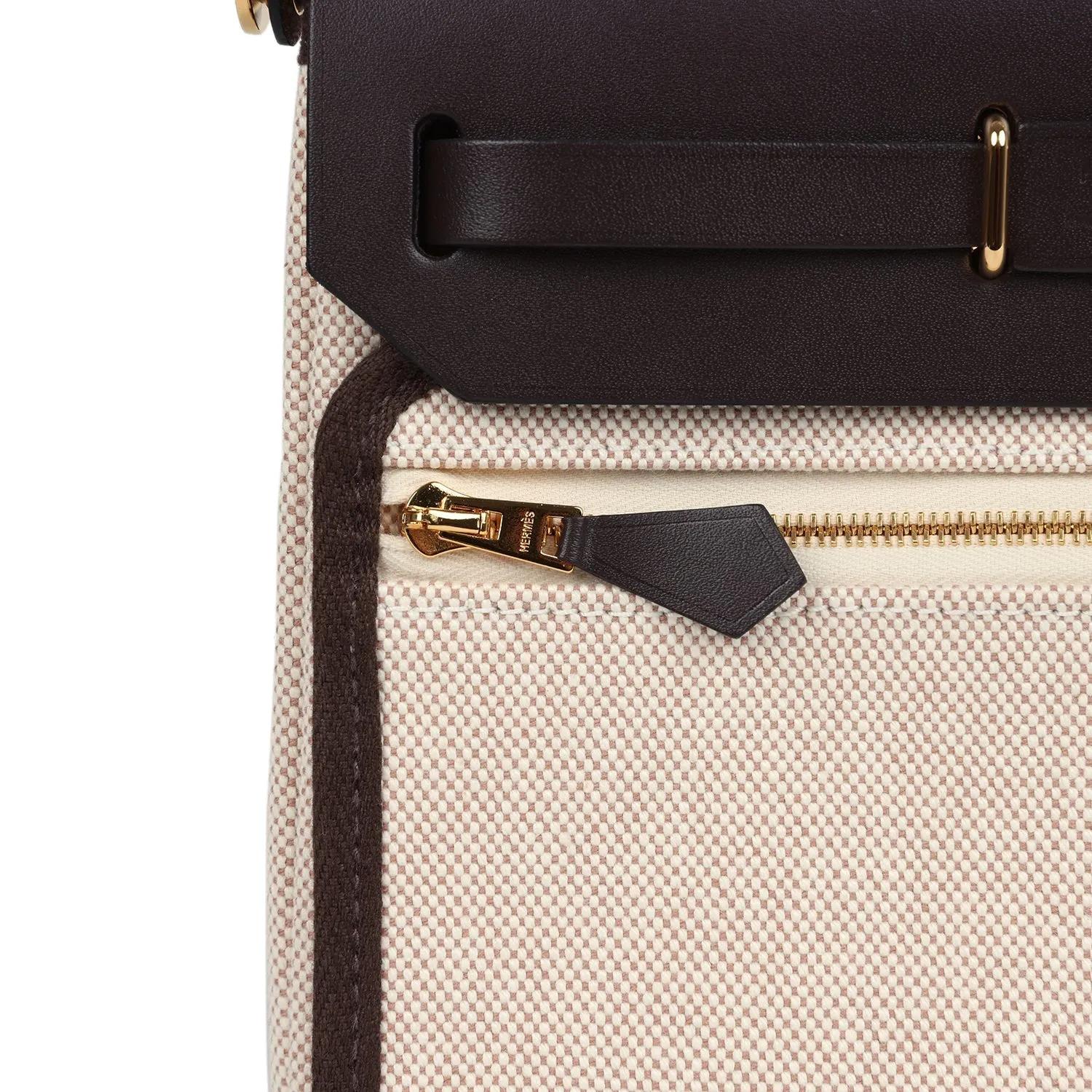 Hermes Herbag Zip 20 Mini Ecru and Beige Toile H Canvas and Ebene Vache Hunter Gold Hardware