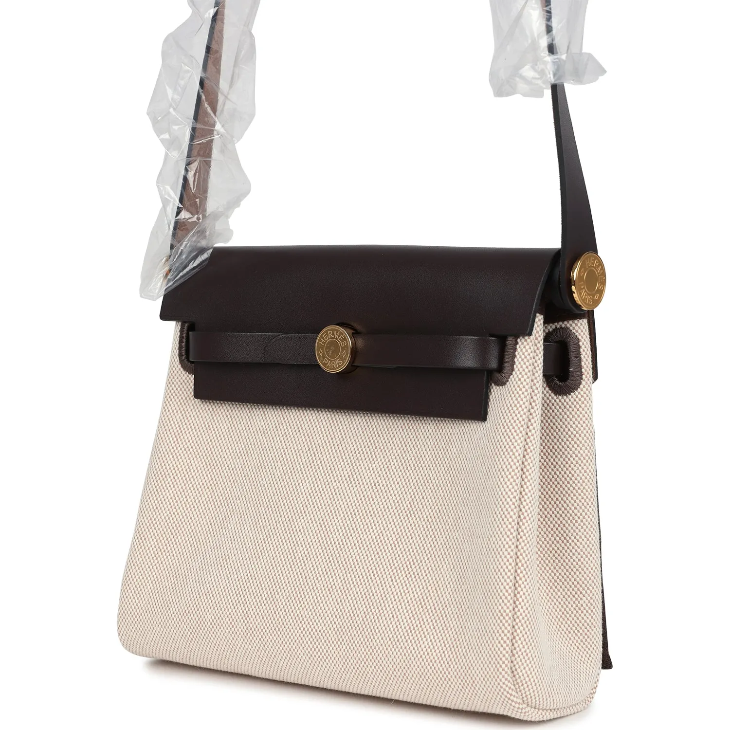 Hermes Herbag Zip 20 Mini Ecru and Beige Toile H Canvas and Ebene Vache Hunter Gold Hardware