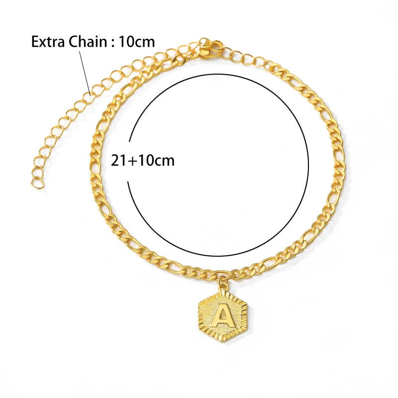 Hexagon Letter 18K Gold Plated Waterproof Stainless Steel Figaro Chain Anklets