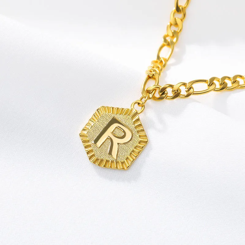 Hexagon Letter 18K Gold Plated Waterproof Stainless Steel Figaro Chain Anklets