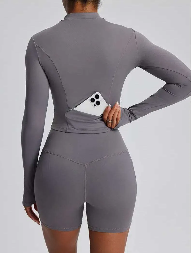 High Waist Fitness Set With Long Sleeve Shirt & Short