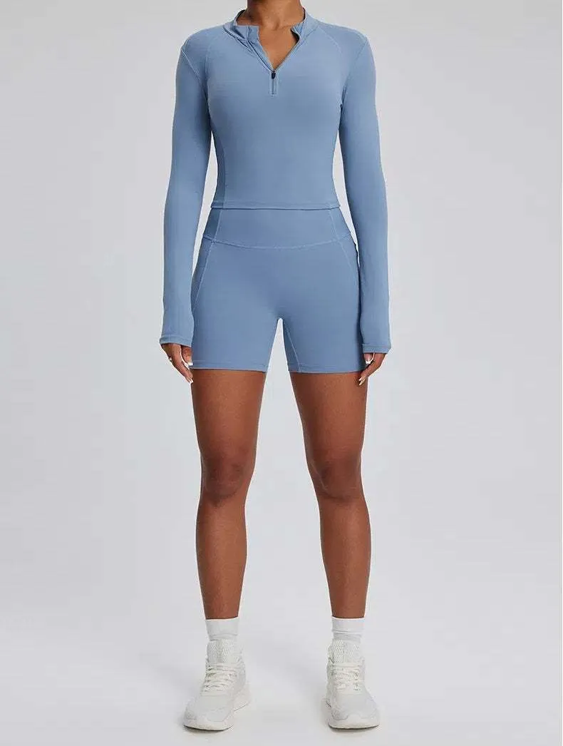 High Waist Fitness Set With Long Sleeve Shirt & Short