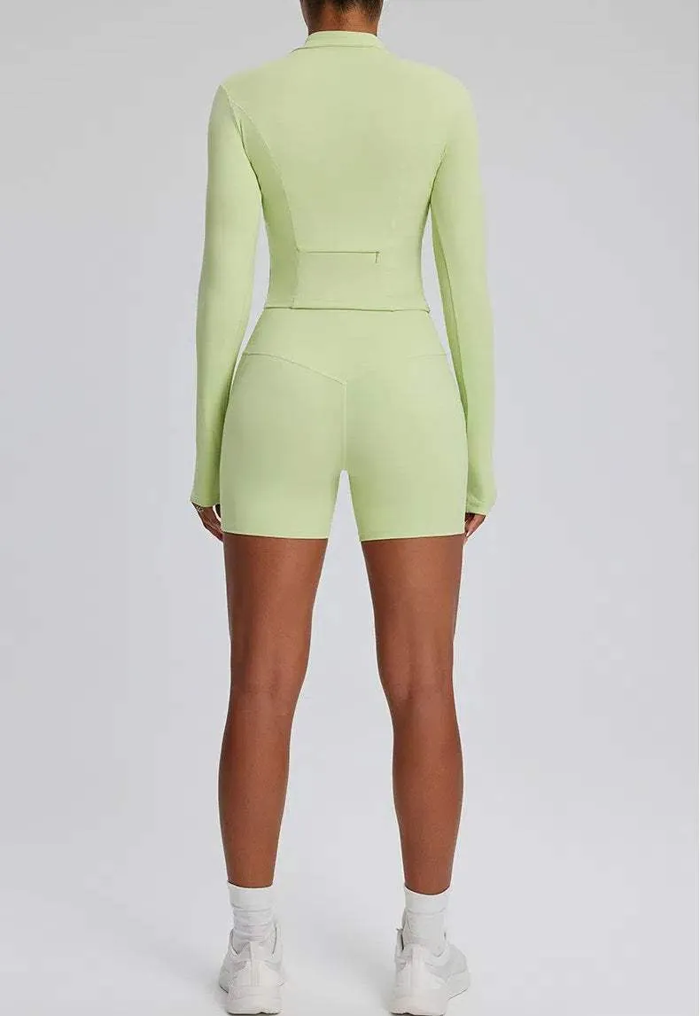 High Waist Fitness Set With Long Sleeve Shirt & Short