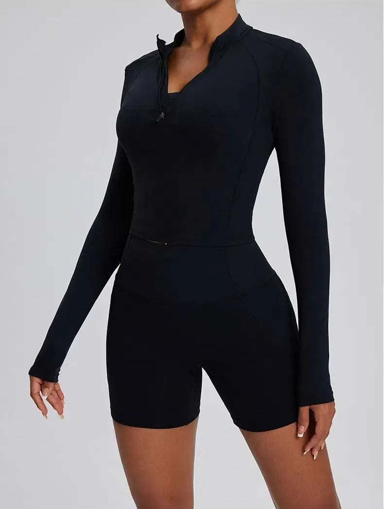 High Waist Fitness Set With Long Sleeve Shirt & Short
