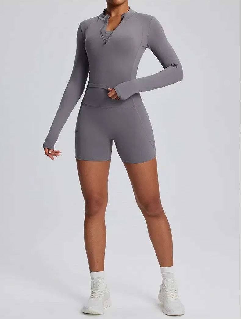 High Waist Fitness Set With Long Sleeve Shirt & Short