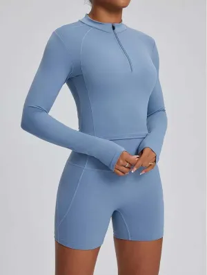 High Waist Fitness Set With Long Sleeve Shirt & Short