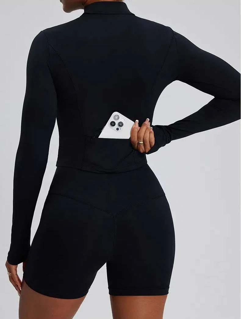 High Waist Fitness Set With Long Sleeve Shirt & Short
