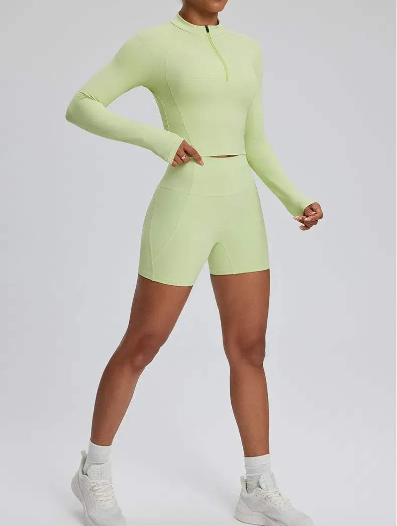 High Waist Fitness Set With Long Sleeve Shirt & Short