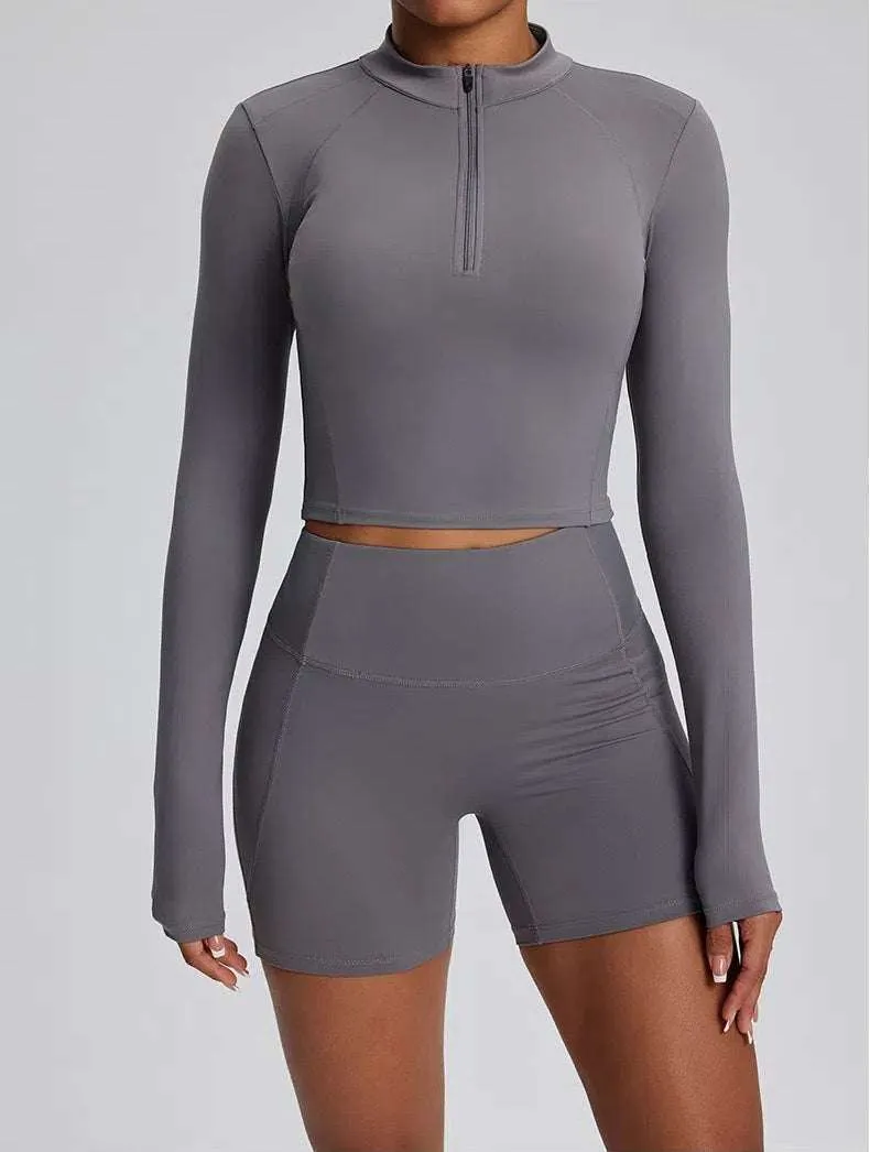 High Waist Fitness Set With Long Sleeve Shirt & Short
