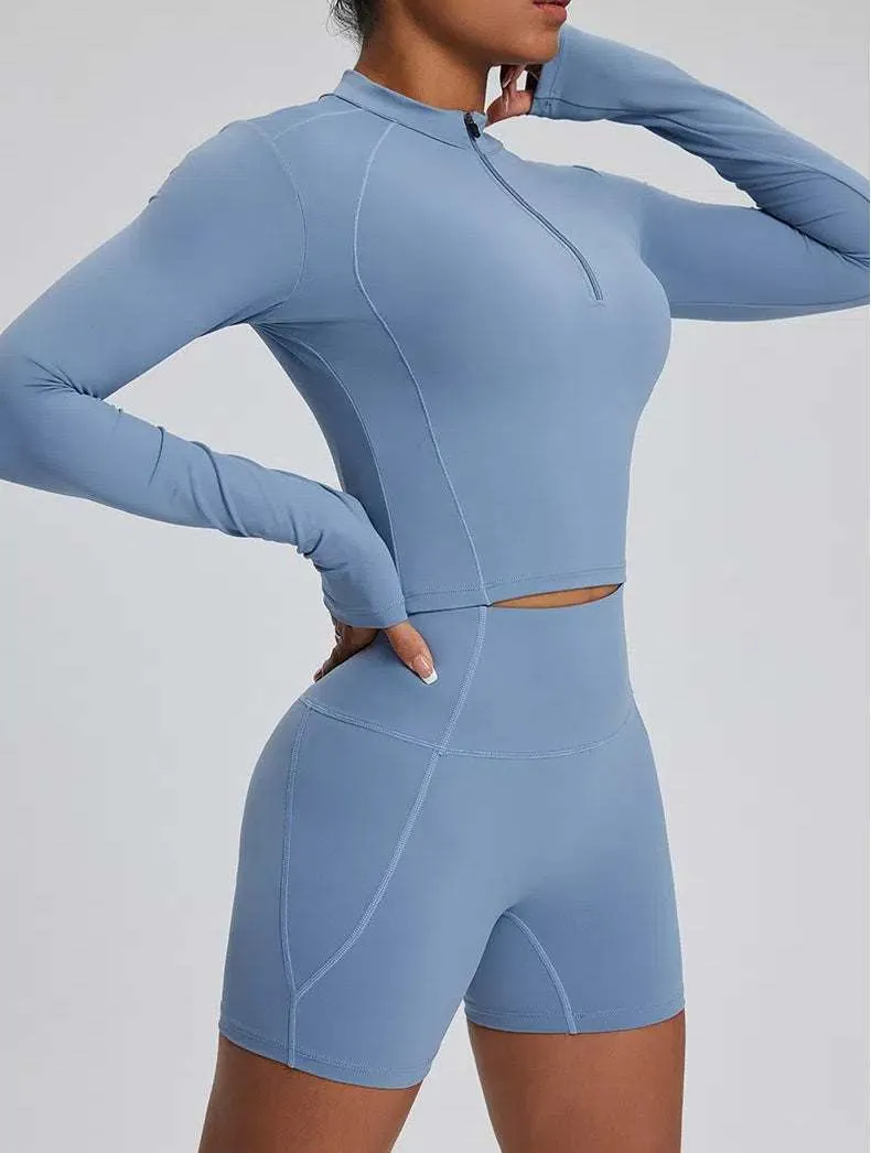 High Waist Fitness Set With Long Sleeve Shirt & Short