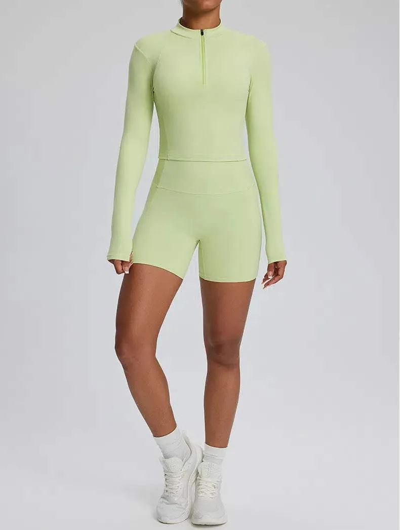 High Waist Fitness Set With Long Sleeve Shirt & Short