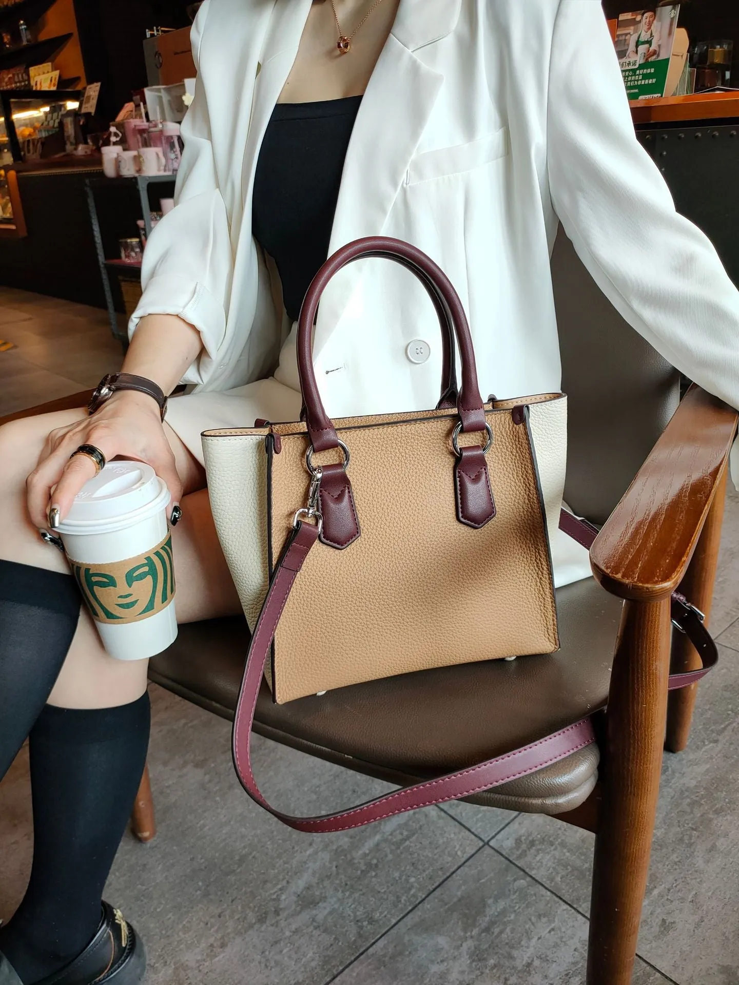 Hit Color Blue Large Office Girl Trapeze Tote Thick Cowhide Leather Women